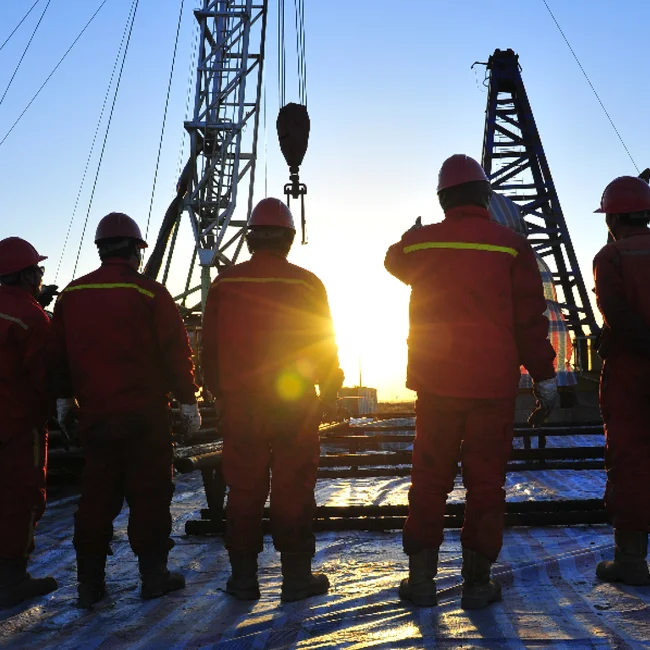 Five men in safety gear pointing at an Oil rig with some glaring sun