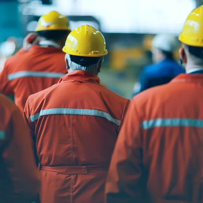 Oil and gas workers in safety gear looking forward