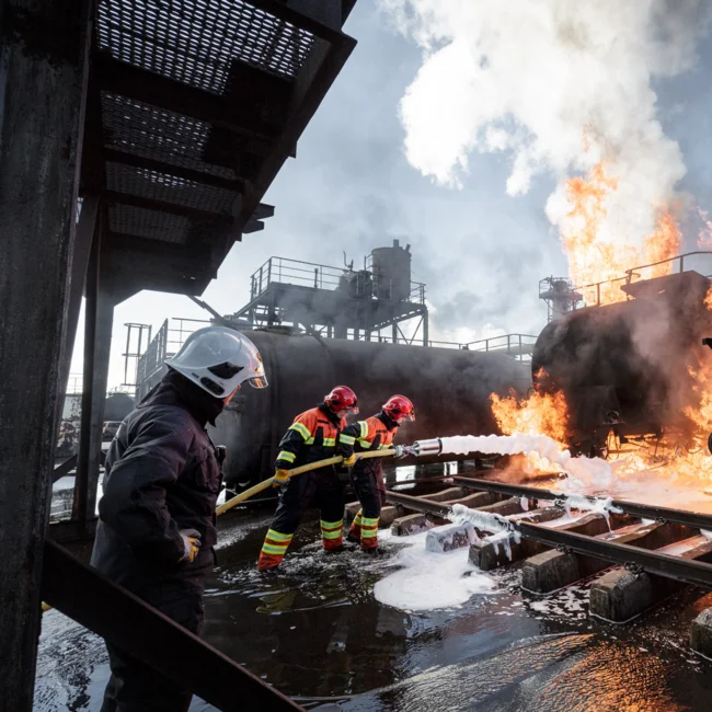 Two firefighter training with a real fire on some train tracks being supervised by an instructor.